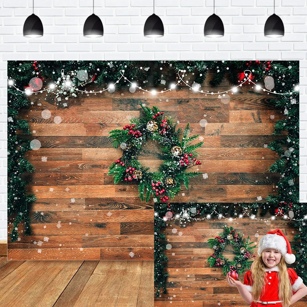 MOCSICKA Winter Christmas Photography Backdrops Wooden Floor Green Wreath Winter Bride Wedding Photo Background for Photo Studio