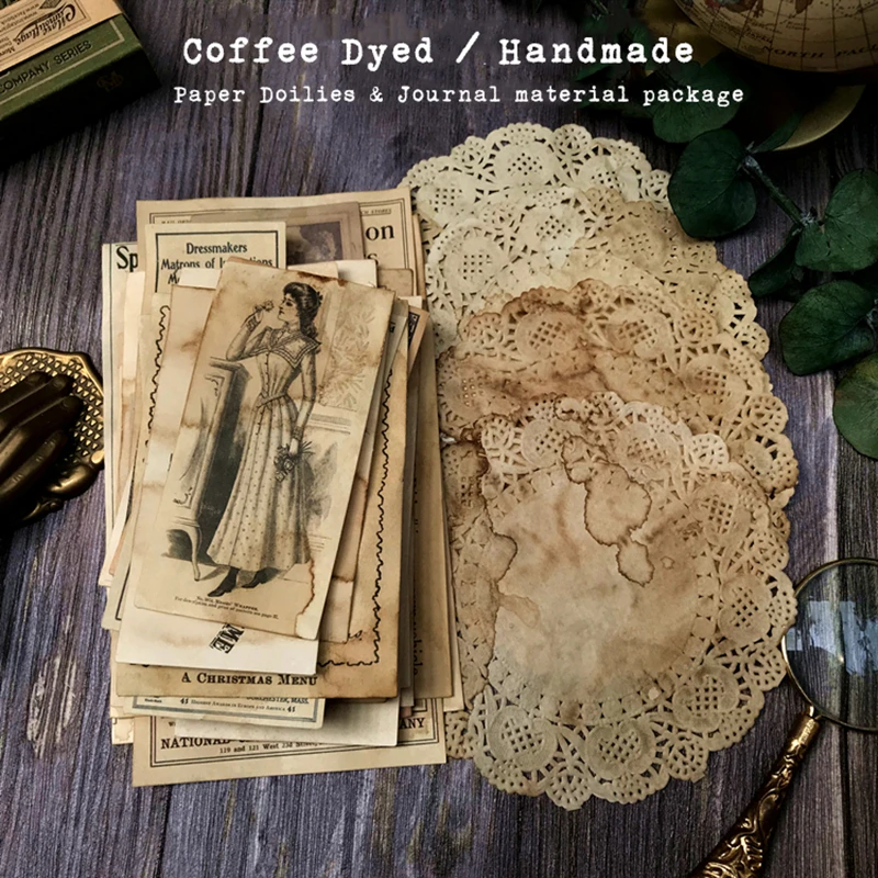 Handmade Coffee Dyed Paper Doilies Material Ephemera Journal Decoration Label Bill Postmark Page Paper DIY Scrapbooking Craft