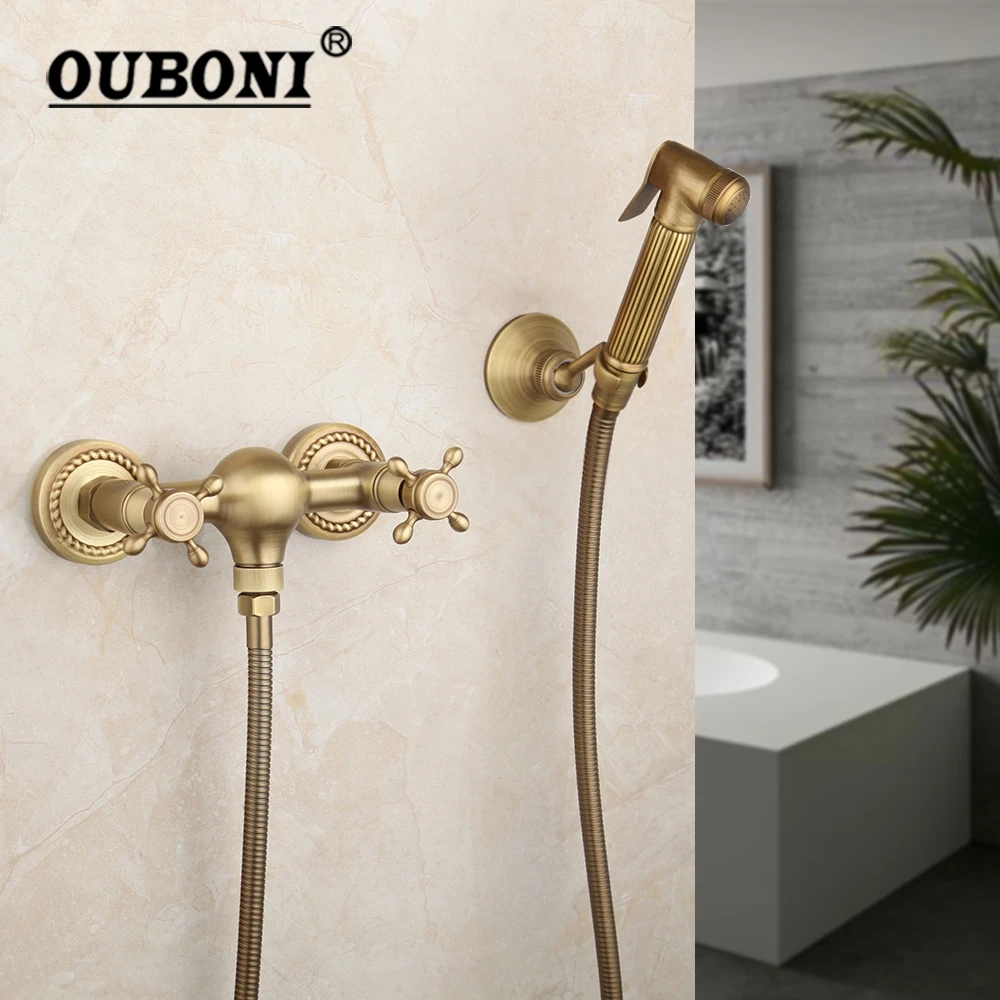 

OUBONI настенный смеситель для ванны и унитаза с ручным распылителем античная латунь гигиенический набор для биде