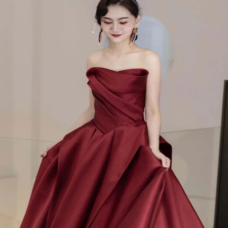 

Sexy Burgundy Tube Top Satin Evening Dresses New Arrival Women Lacing Up Formal Prom Gowns robe de soiree