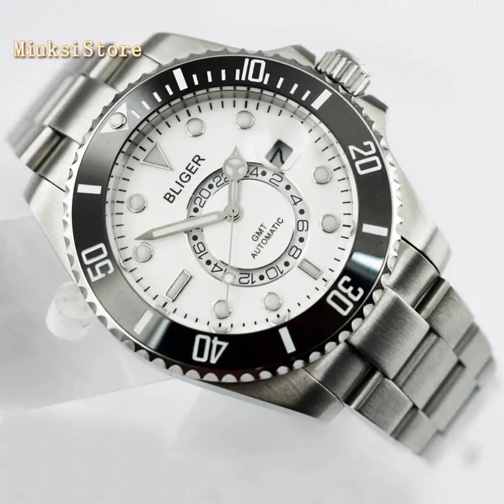 

Bliger 43mm white dial luminous marks sapphire glass ceramic bezel date GMT automatic mens top mechanical watch