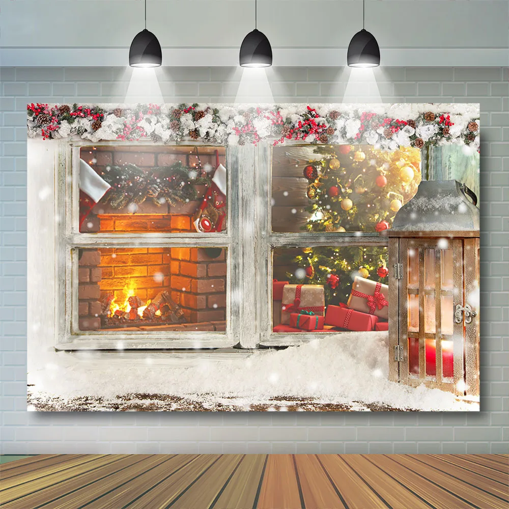 Christmas Windows Fireplace Photography Christmas tree Backdrop Gifts Photo Booth Snow ground Decor Decorations Photobooth