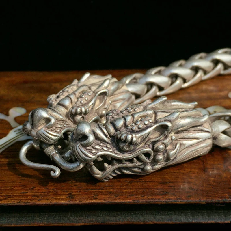 Exquisite Chinese Rare Collectible Tibetan Silver Handwork Dragon Amulet Auspicious Bracelet Statue/1