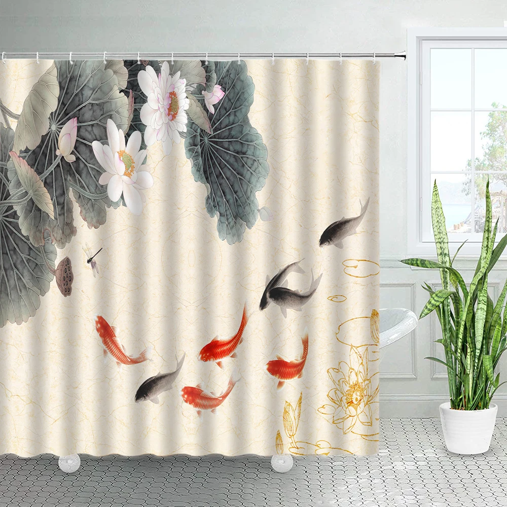 Ink Carp Pink Floral Shower Curtains Set Red Black Koi Fish Chinese Style Decor Bathroom Fabric Bathtub Bath Curtain With Hooks