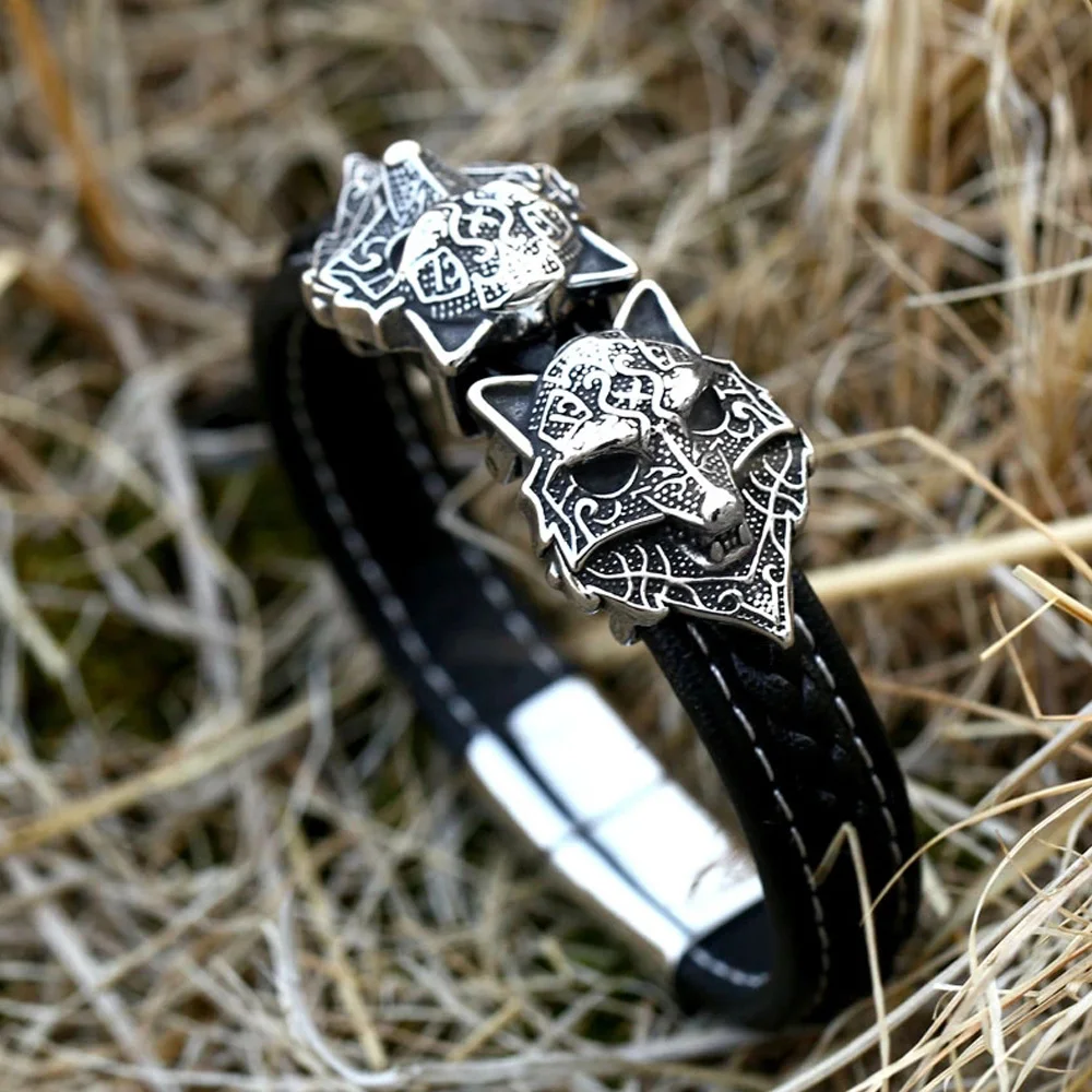 

Vintage 316L Stainless Steel Viking Wolf Head Bracelet For Men Punk Biker High Quality Leather Bracelet Viking Jewelry Gift