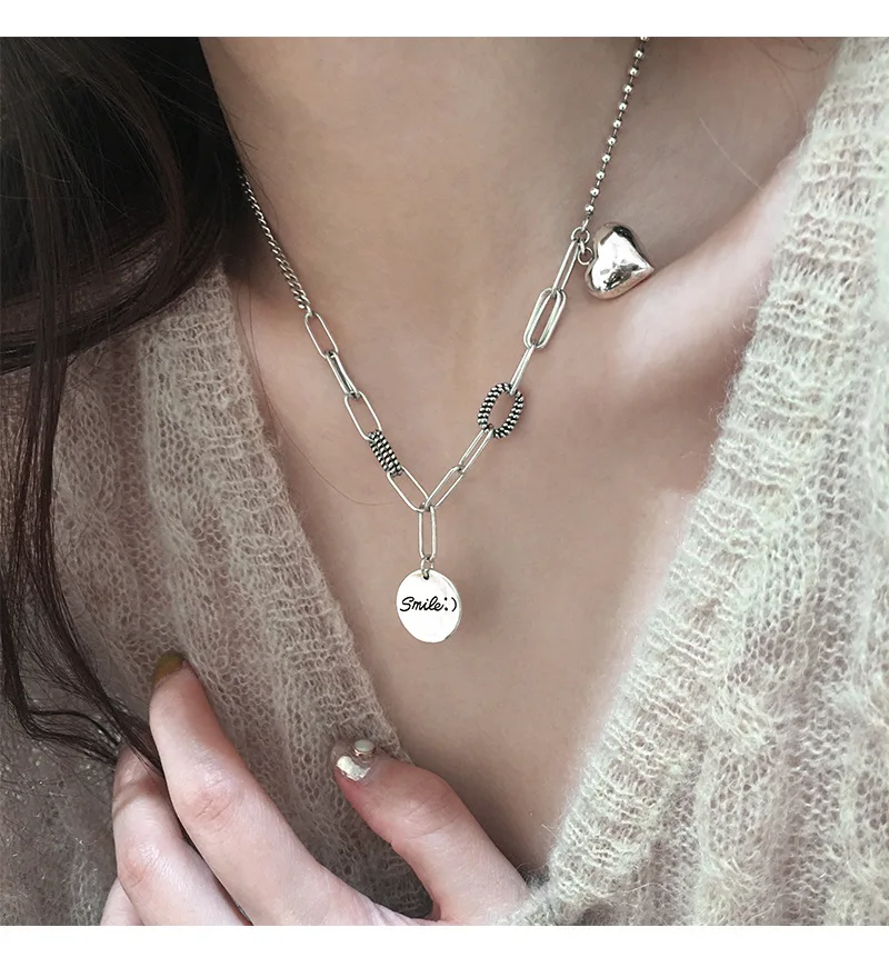 

S925 Sterling Silver Necklace for Women Round Sweater Chain Love Shape Pendant Necklace Fashion Design Jewelry Hiphop