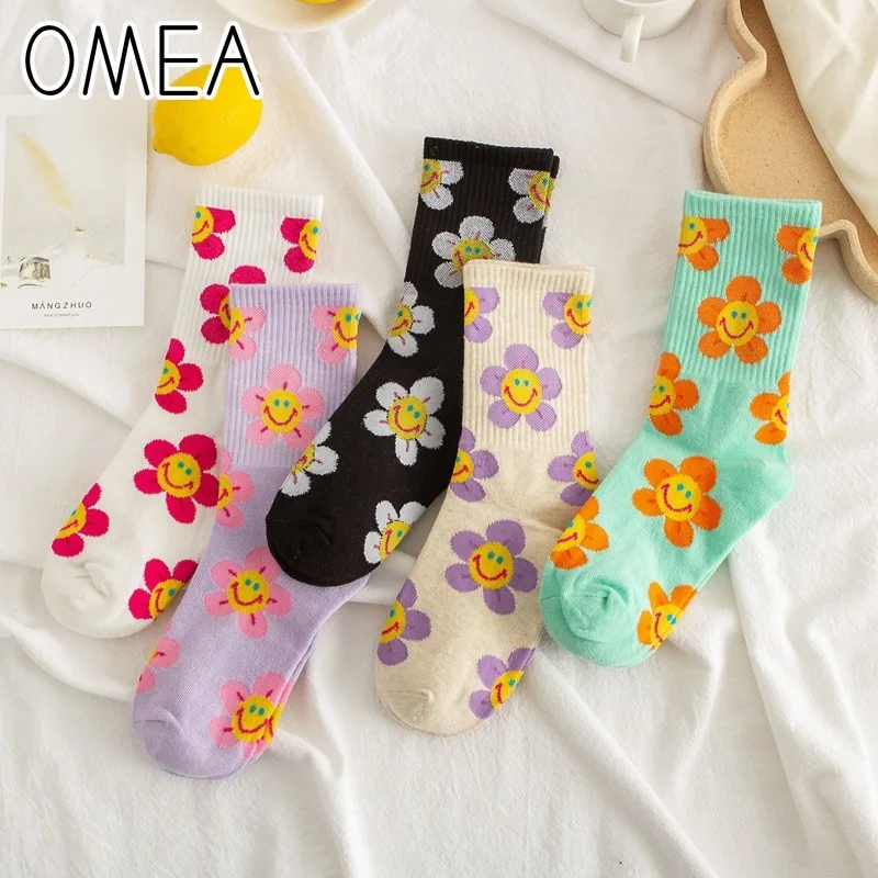 OMEA Women Socks 5 Pairs Happy Smile Flower Socks Female Floral Long Socks Cotton Socks Breathable Sports Socks Streetwear Sox