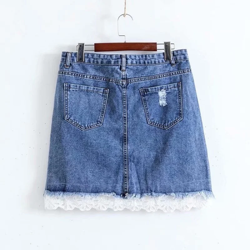 Fashion Summer Denim Mini Skirts Women Plus Size 4XL Street Buttons Lace Patchwork Jean Skirts Blue Frayed Short Skirts Female