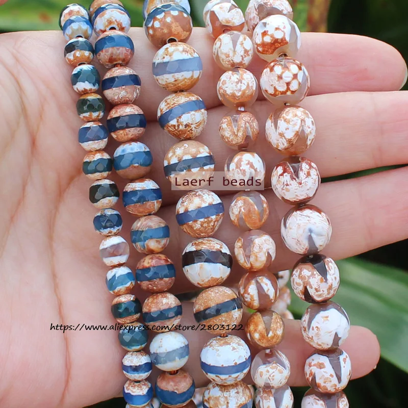 Natural Agate Loose Beads ,Faceted Round 6-10mm Ancient Tibet Dzi Patterns ,For DIY Jewelry Making ! can mixed wholesale !