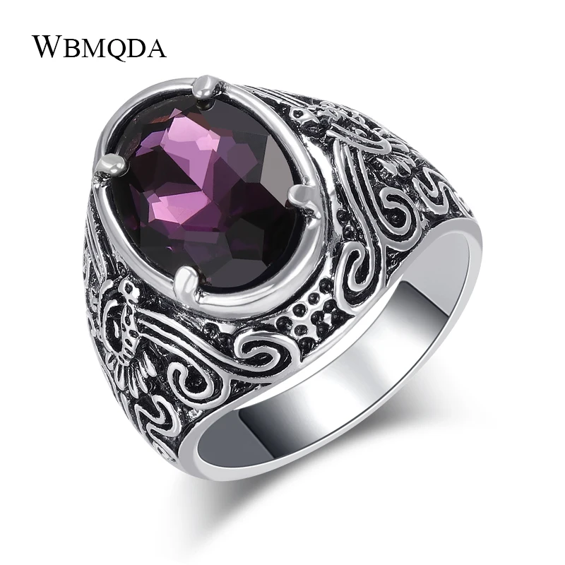 Wbmqda Hot Bohemia Blue Glass Rings For Womne Antique Pattern Silver Color Men Ring Vintage Jewelry Drop Shipping 2019 New