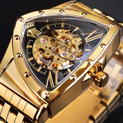 Forsining Men Skeleton Automatic Mechanical Watch Gold Vintage Man Watch Triangle Wristwatches Luxury Irregular Clock Black Dial