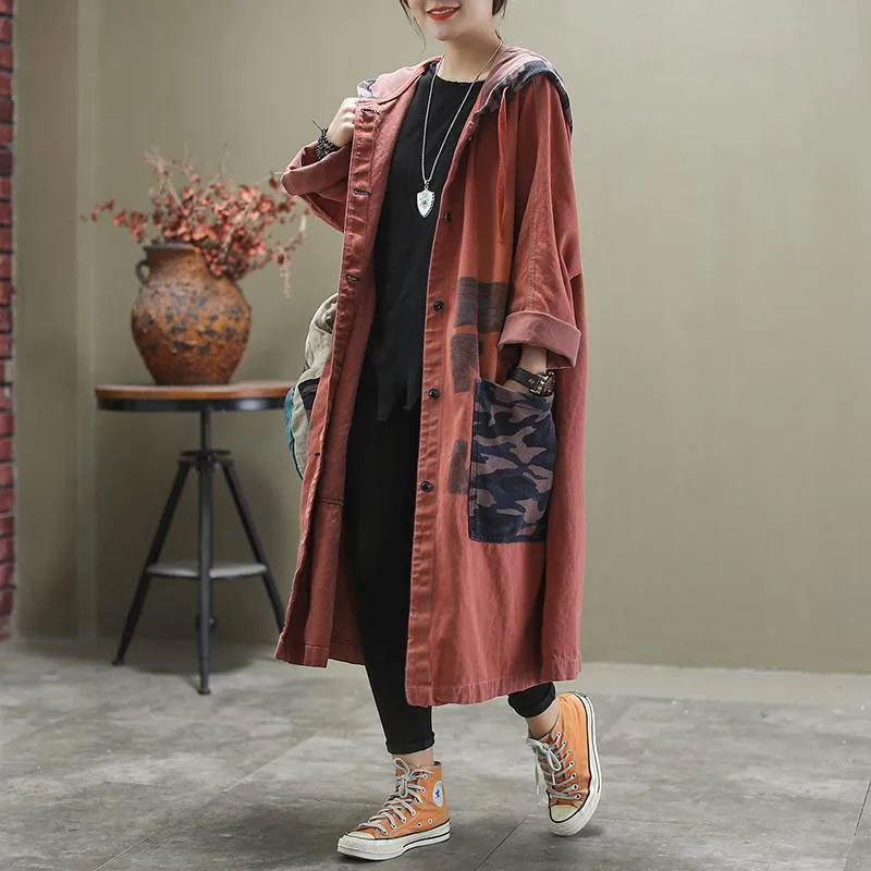Spring Autumn New Arts Style Women Long Sleeve Loose Trench Coat Vintage Print Cotton Denim Hooded Long Coat High Quality M240