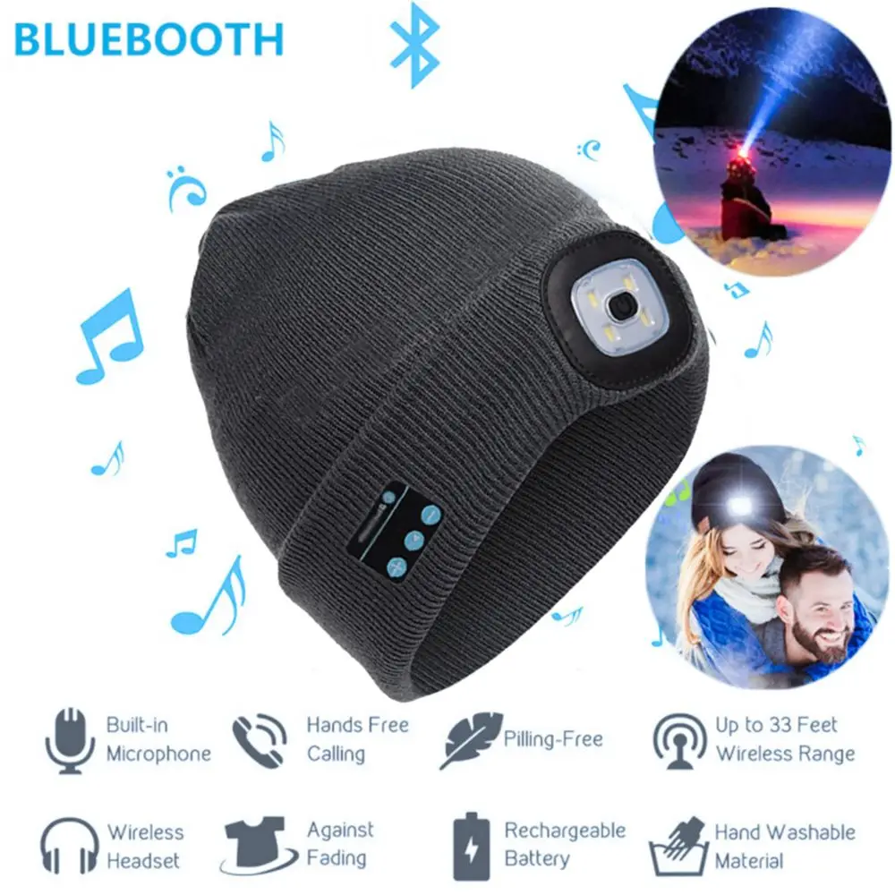 Sombrero de música de invierno, con Bluetooth auriculares inalámbricos V5.0, tapa inteligente, auriculares con 4 luces LED, auriculares de música manos libres para teléfono inteligente