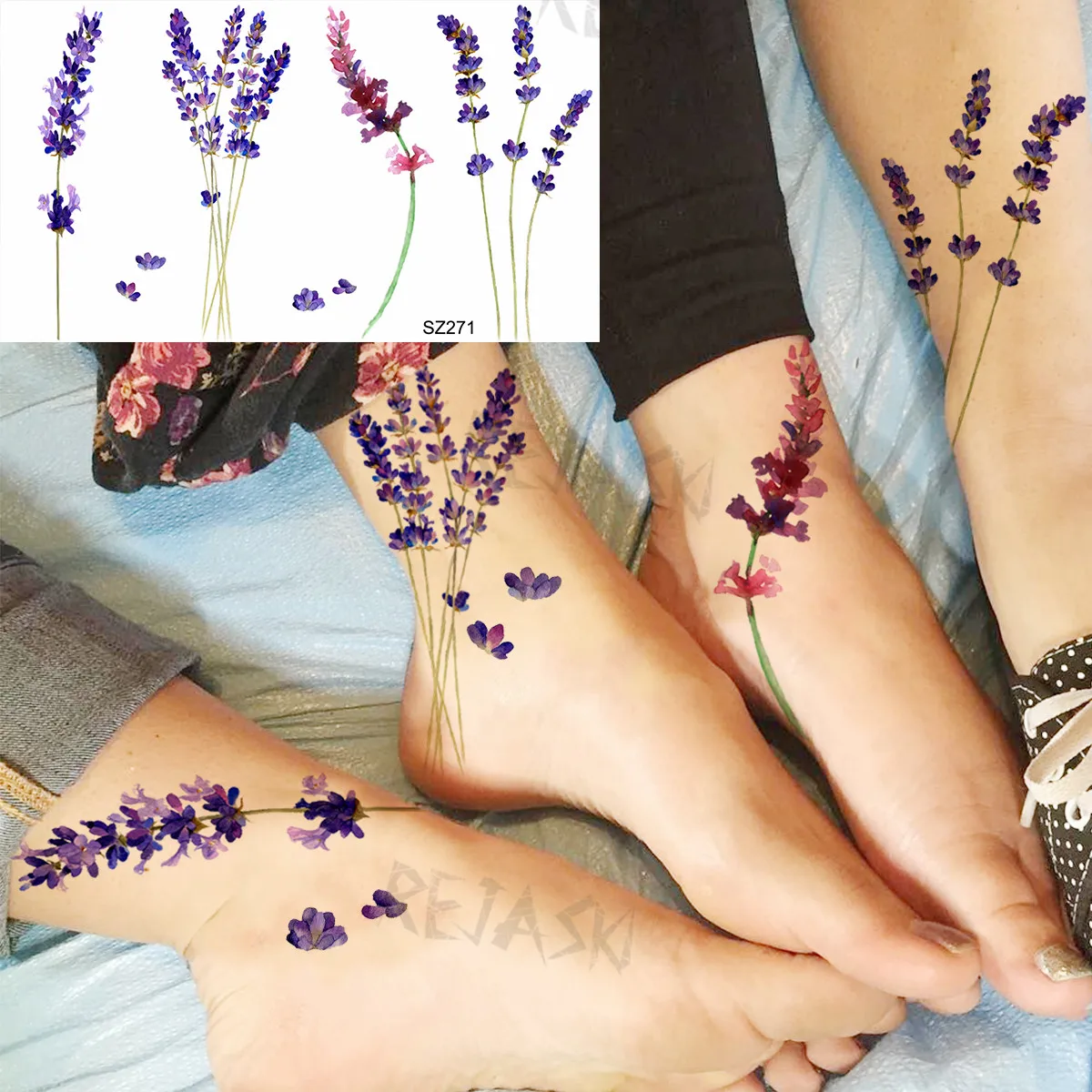 Black Lavender Flower Leaves Temporary Tattoos For Women Adult Lily Tulip Realistic Fake Tattoo Waterproof Body Art Tatoos Decal