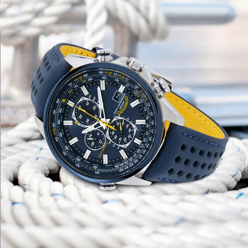 Bracelet de montre en cuir de vache pour hommes, 22mm, 23mm, série CITIZEN Blue Angel Generation, AT8020-54L, AT8020-03L