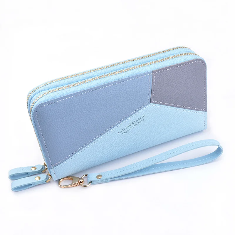 Dual Layer Zipper PU Leather Wallet Women Long Large Capacity Fashion Color Contrast Wallet Hand Mobile Phone Bag Cover