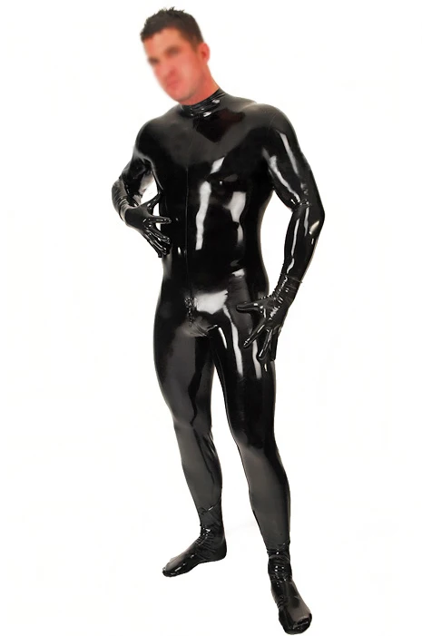 Sexy preto látex fetish catsuit bodysuit com meias luvas voltar zip trajes de borracha para homens macacão personalizar