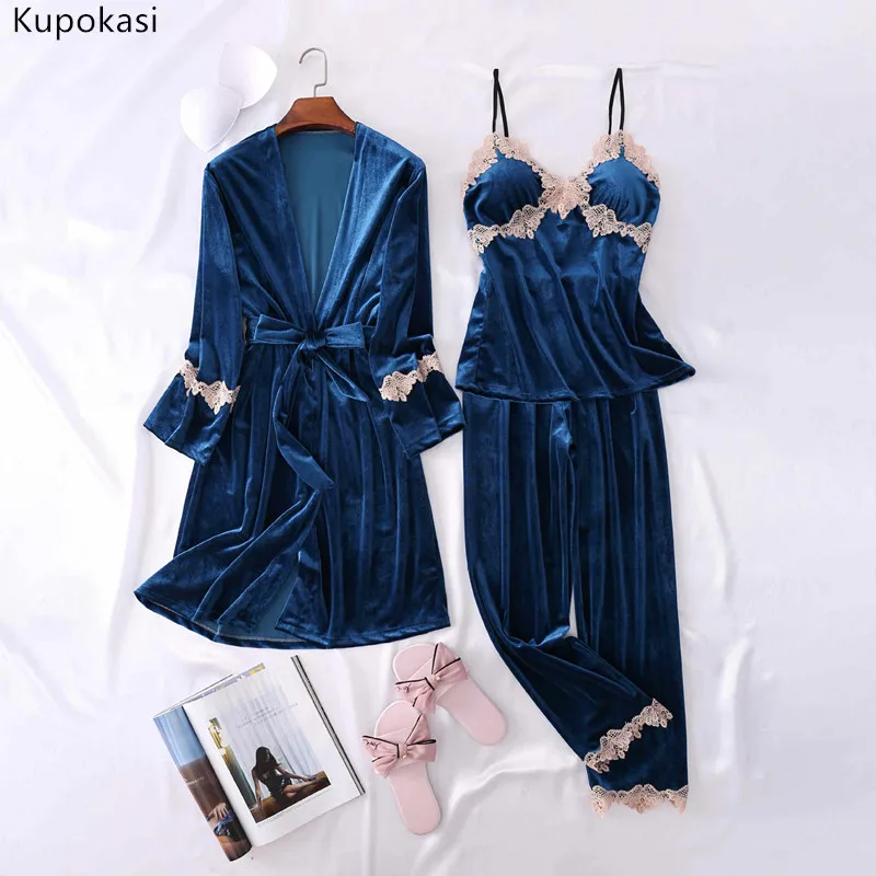 

Kupokasi 3Pcs Women Gold Velvet Pajamas Set Warm Sexy Lace Pajamas Winter Sleepwear Nightdress Homewear Pijama Pyjama Homme