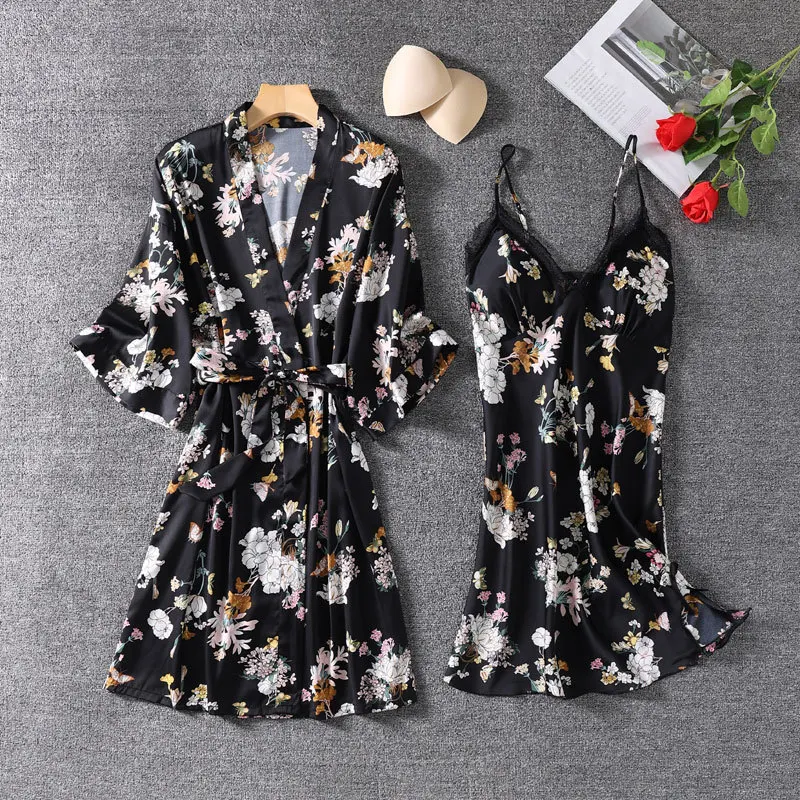 Conjunto de Bata de satén para mujer, ropa de dormir Sexy, Kimono de encaje, camisón estampado, 2 piezas