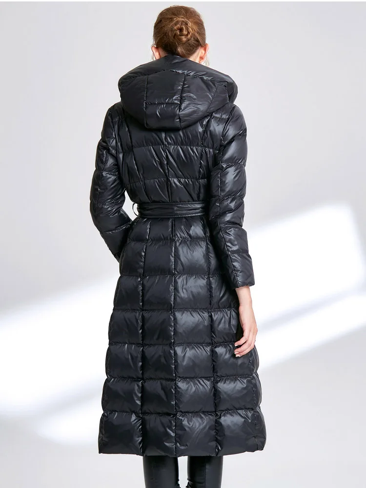 Women\'s winter long down jacket puffer jacket black navy blue hood  down coat