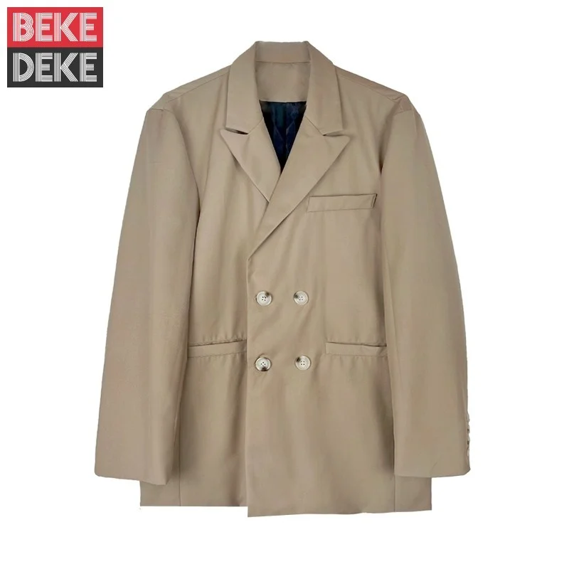 

Double Mens Breasted Blazer Daily Casual Suit Jacket Men Turn-Down Collar Solid Color Loose Fit Long Sleeve Korean Style Blazers