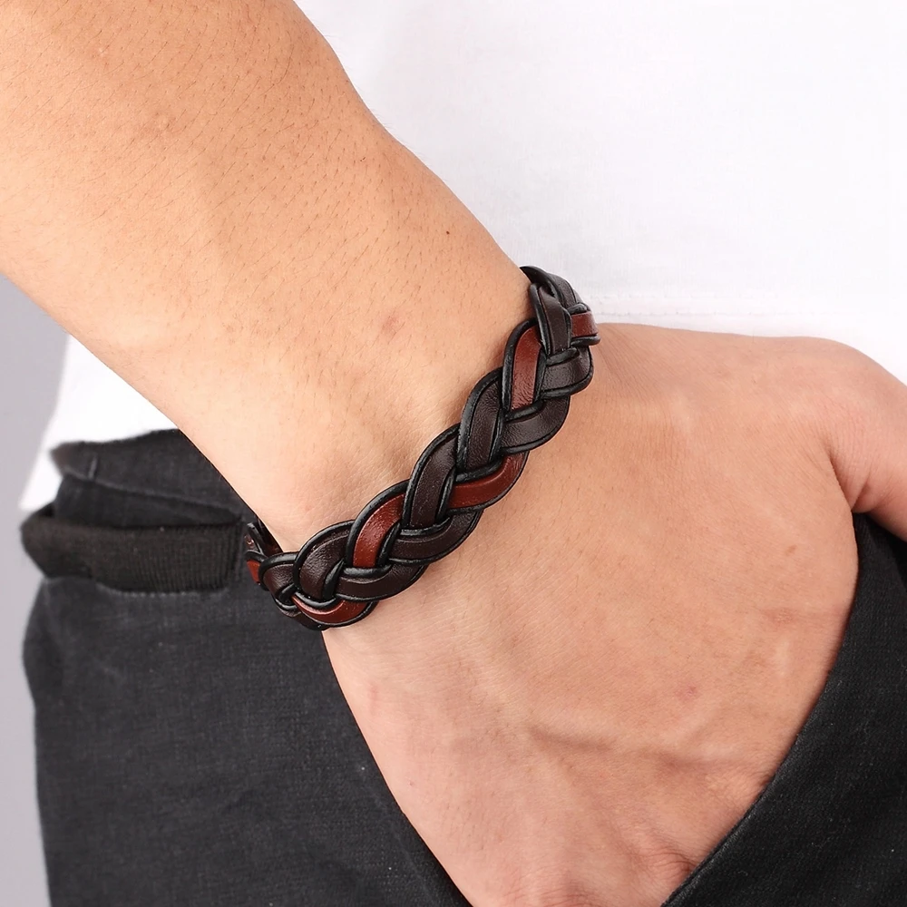 TYO New Fashion Braided Brown Leather Bracelet Men Jewelry Stainless Steel Magnetic Clasp Charm Bangles Male Wrist Band Gifts