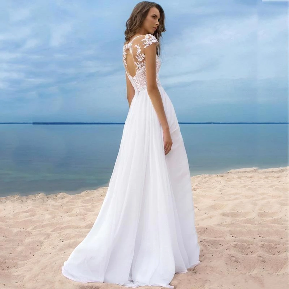 Uma linha vestidos de casamento praia chiffon sheer neck rendas apliques ilusão boné mangas oco volta alta fenda longo vestidos de noiva