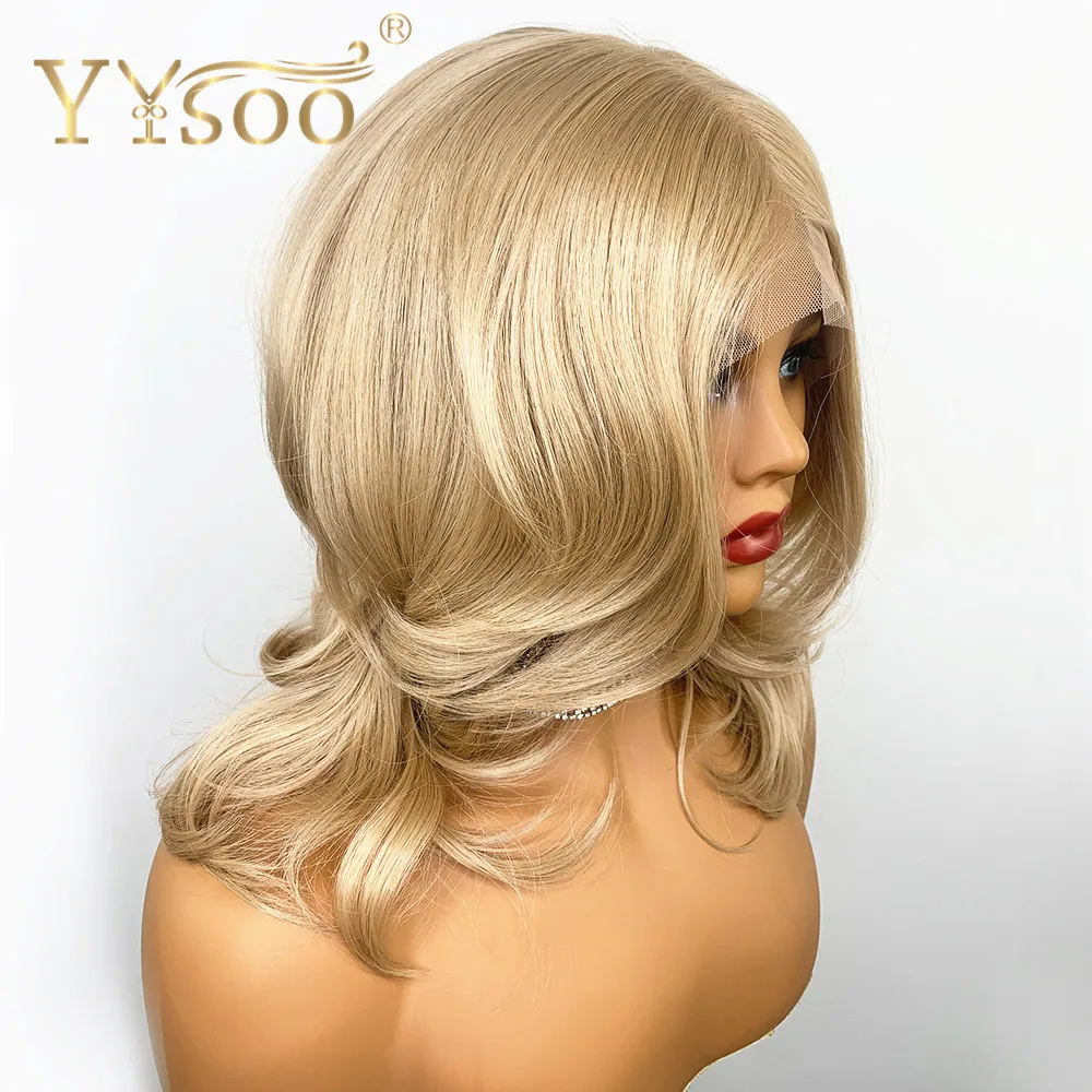 Yysoo 13X6 Synthetische Lace Front Pruik Korte Golf Blonde Lijmloze Pruik Futura Japan Hittebestendige Vervanging Pruik 103 Kleur 14inch