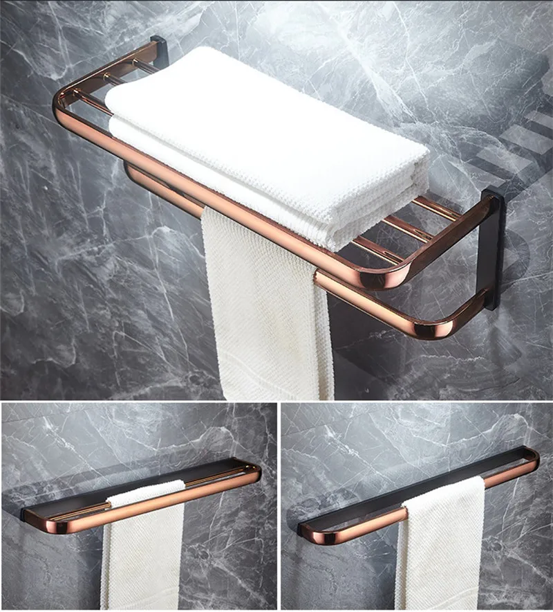 Rose Gold & Black Copper Bath Hardware Accessory Brass Towel Rack Corner Shelf Tissue Holder Hook Toilet Brush Nail Punched New