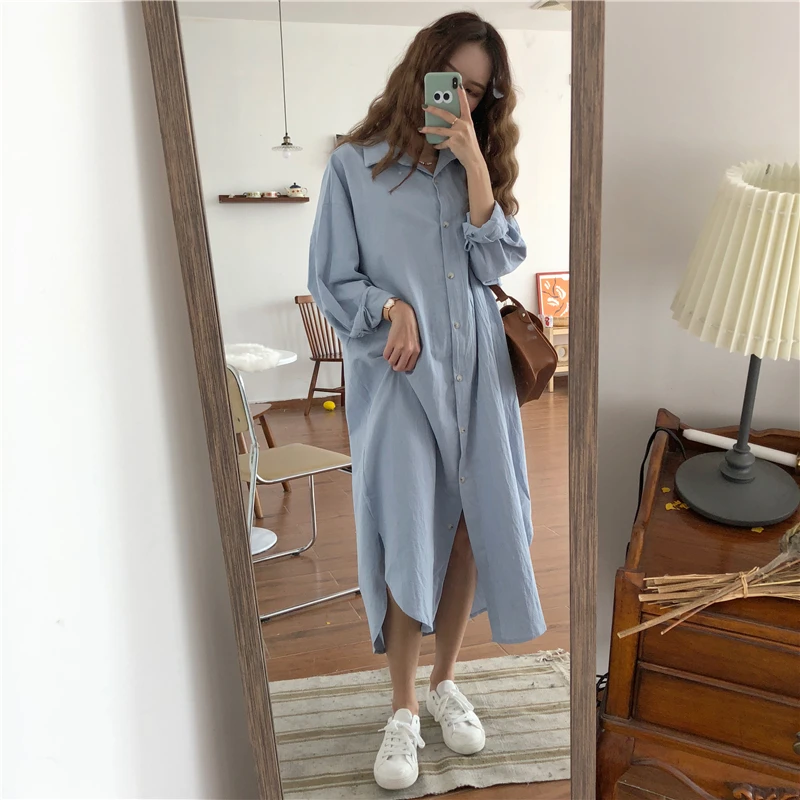 Long Dress Autumn Long Sleeve Shirt Women Casual Turn Down Collar Lady White Blue Oversize Loose Maxi Dresses Cotton Streetwear