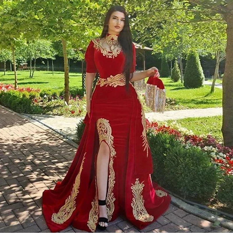 

Red Moroccan Kaftan Caftan Muslim Evening Dresses Mermaid Velvet Appliques Dubai Arabic Turkey Abaya Islamic Gown Customized