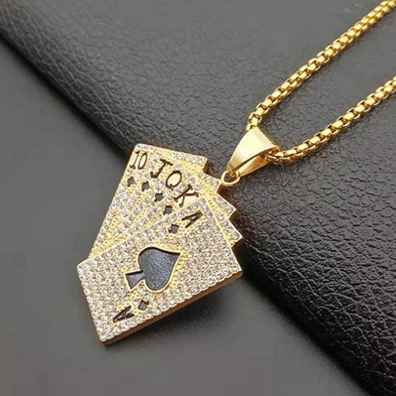 Collar de Hip-Hop Iced Out con cartas de juego para hombres, joyería personalizada de Hip-Hop Rock, collar de la suerte fresca