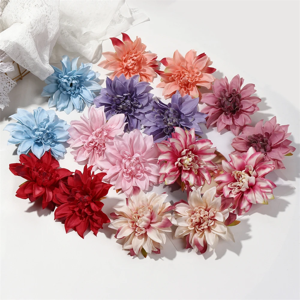 Cabeza de flor de dalia Artificial grande, geranio de boda para decoración del hogar, corona de flores DIY, álbum de recortes artesanal, flores falsas, 10 piezas