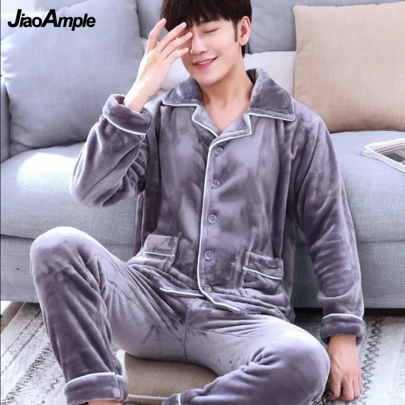 Men's Pajamas Winter Thickened Flannel Pyjamas Men's Cardigan Long-sleeved Trousers Warm Pajamas Sleepwear Two-piece Suit