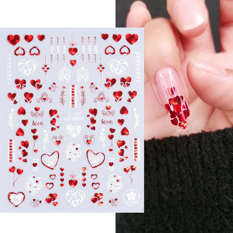 Laser Red White Nail Stickers Heart Wedding Proposal Sliders For Nails 3D Polish Decal Valentine Decoration Manicure LECJ037-45