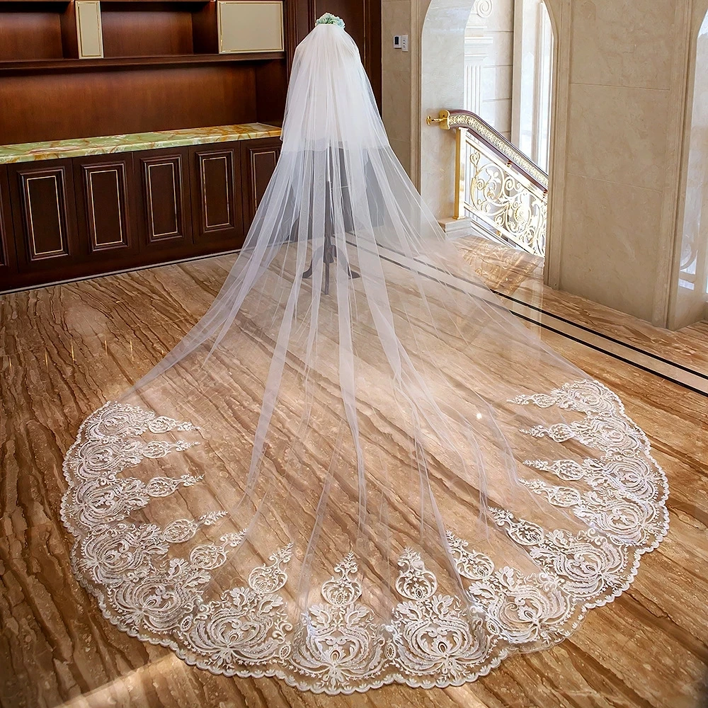 Luxo 5m véu de casamento catedral duas camadas rendas appliqued longos véus de noiva com pente veu de noiva acessórios de casamento