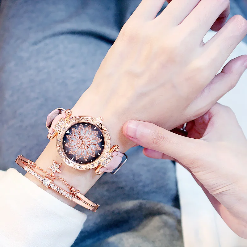 Ensemble de montres en cuir pour femmes, montre-Bracelet, ciel étoilé, romantique, Simple, à la mode