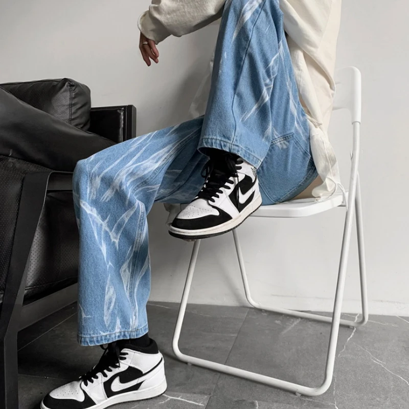 Black Tie Dyed Jeans Men's Straight Chic Loose Ruffian Handsome American Vintage Pants High Street Fashion Is Very Handsome