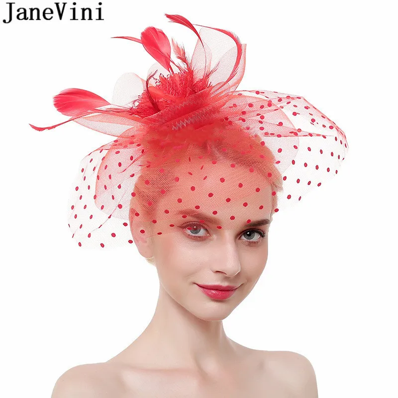 JaneVini ślub Haarschmuck biały Fascinator z kwiatami i piórami kapelusz ślubny z welonem krótki 2021 niebieski kapelusze ślubne dla kobiet elegancki