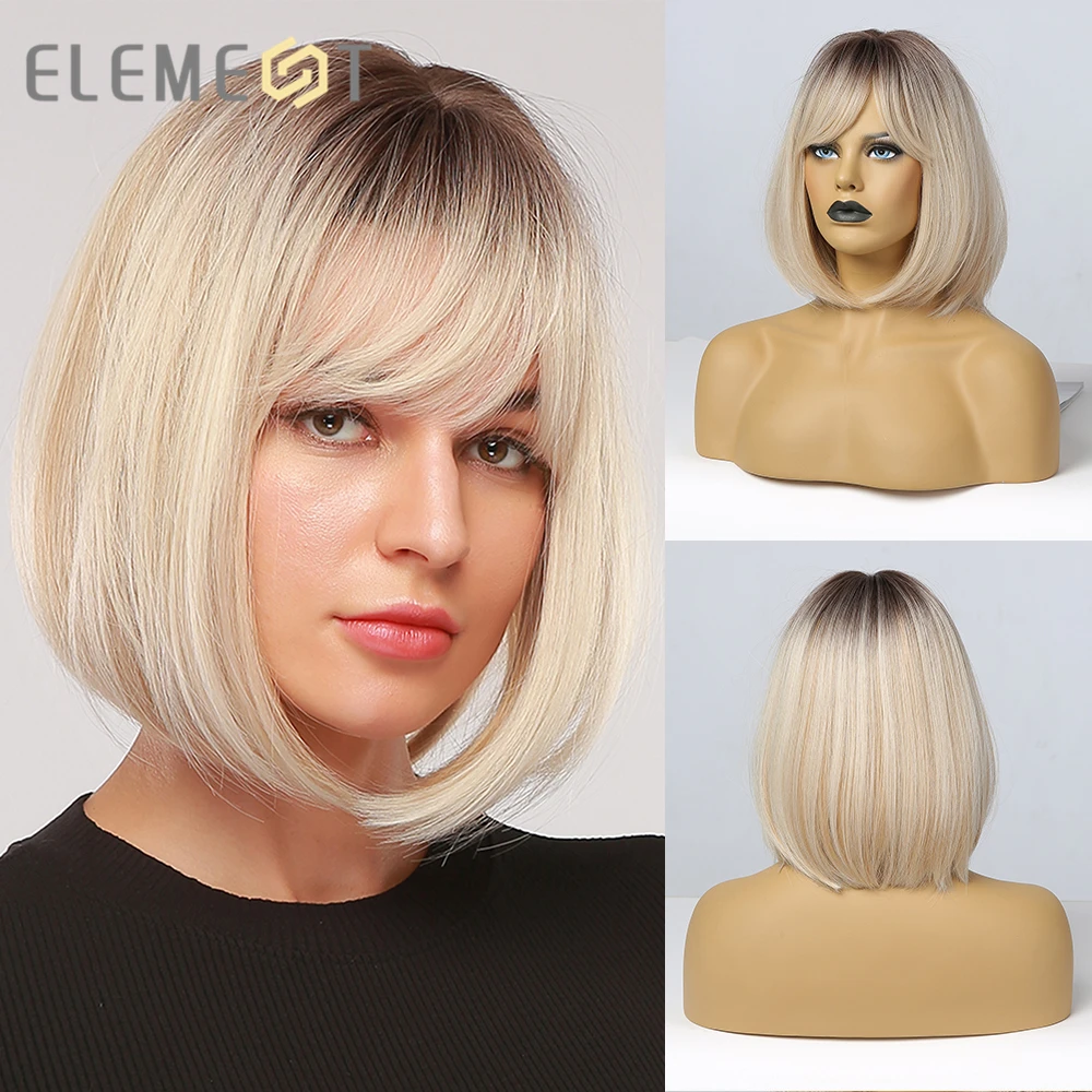 Element Light Platinum Blonde Bob Dark Roots Ombre Wig With Bangs for Women Ladies Synthetic Cosplay Party Daily Fake Hair Wig