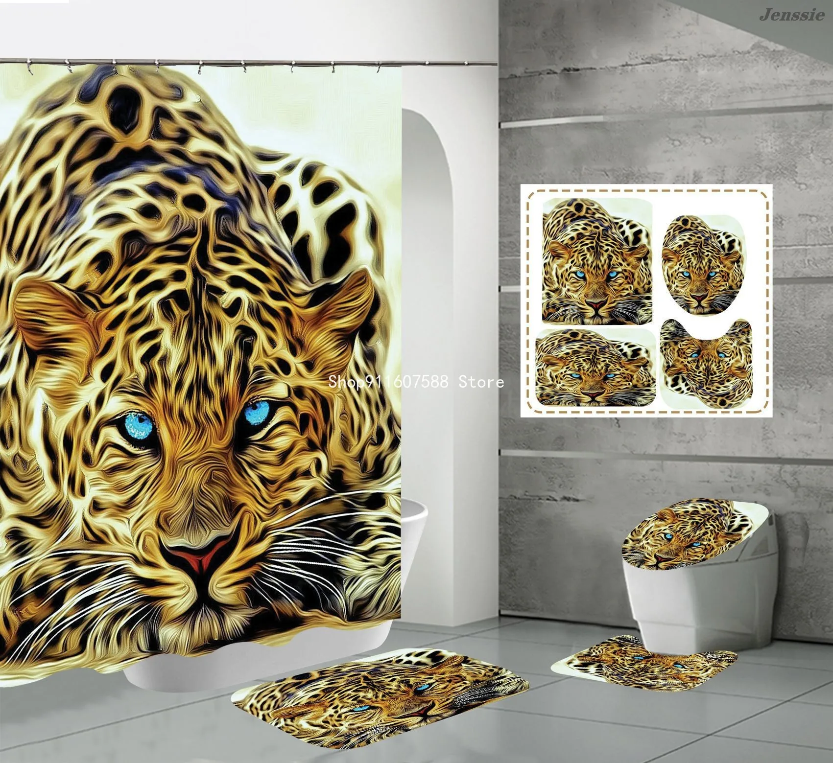 Animal Print Black Shower Curtains Lion Tiger Cheetah 3D Bathroom Curtain Set Anti-slip Bath Mat Soft Toilet Lid Cover Home Rugs