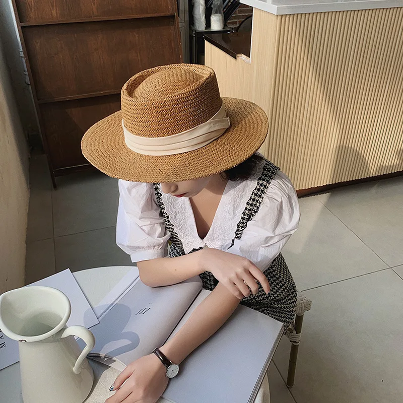 New Summer Women's Boater Beach Hat Wide Side Female Casual Panama Hat Lady Classic Flat Bowknot Straw Sun Hat Women Fedora