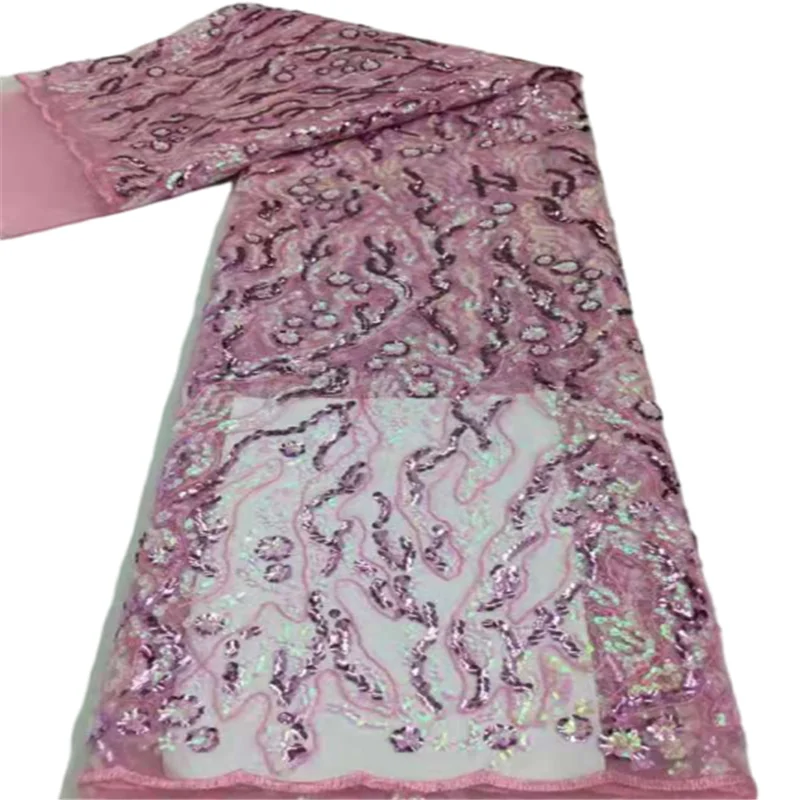 

2021 Latest African Lace Fabric High Quality French Net Embroidery Peach Sequins Tulle Lace Fabric For Nigerian Party Dress