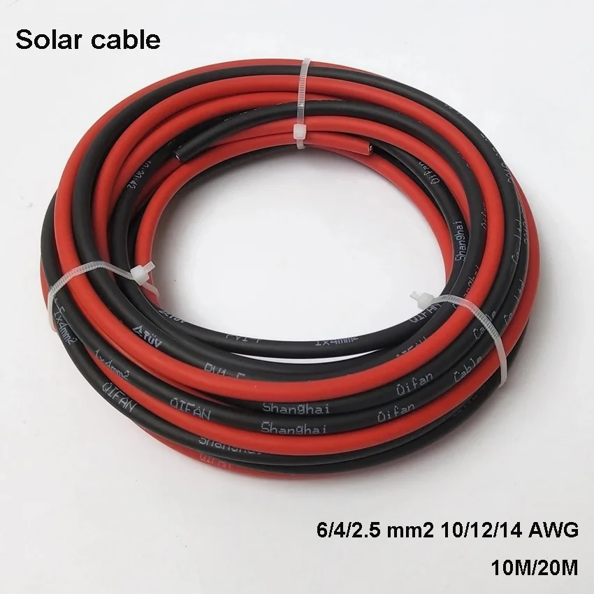 20 Meters Solar Panel Extension Cable Copper Wire 6/4/2.5 mm2 10/12/14AWG TUV Black Red Double Sheathed Wire for Solar PV System