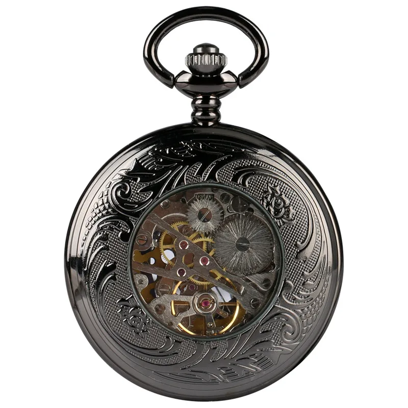 Antique Black Hollow Wheel Design Men Women Mechanical Hand-Winding Pocket Watch Pendant Chain Clock Roman Number Dial Gifts