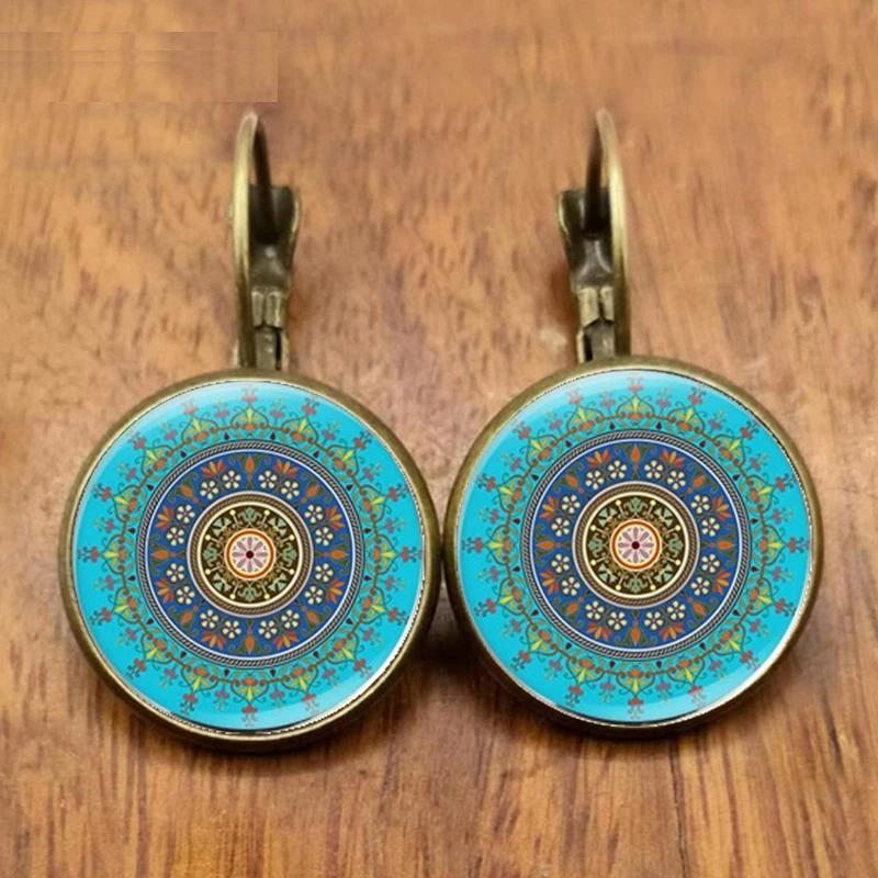 Charm Mandala Earrings Glass Earrings Copper Color, OM Symbol Buddhist Zen Henna Yoga Earrings Women\'s Jewelry