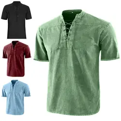 Men Stand Collar Front Lace Up Short Sleeve V Neck Slim T-shirt Streetwear for Daily Wear