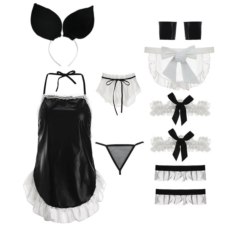 Black Sexy Bunny Girl Perspective Chiffon Turtleneck Backless Cute Maid Student Uniform Passion sleepwear nightdress Set