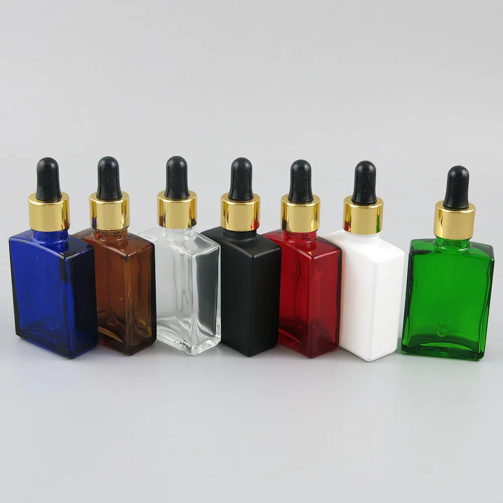 

30ml square glass dropper bottle amber clear red blue green black white packaging container with gold silver black top lids 1 oz