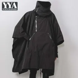 Black Gothic Mens Midi Long Cloak Windbreaker Batwing Sleeve Loose Fit Mantle Trench Coat Zipper Stand Collar Harajuku Manteau